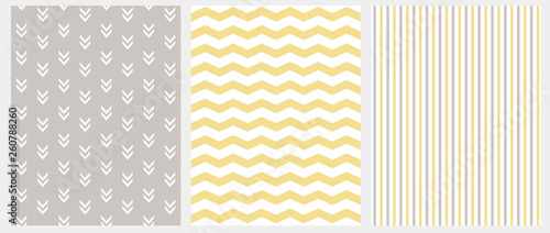 Set of 3 Geometric Seamless Vector Patterns. Yellow Chevron on a White Background. Gray and Yellow Tiny Stripes on a White Layout. White Abstract Arrows on a Gray. Simple Marine Style Decoration Set.