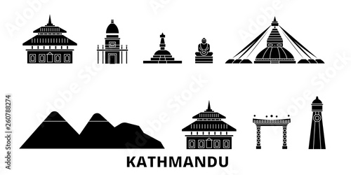 Nepal, Kathmandu flat travel skyline set. Nepal, Kathmandu black city vector panorama, illustration, travel sights, landmarks, streets.