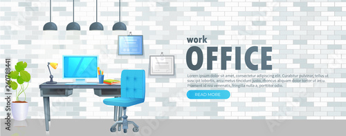 Office furniture design banner. Workplace with table and laptop and coffee. Modern interior . Landing Page Website Vector concept cartoon illustration