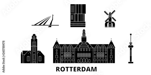 Netherlands, Rotterdam flat travel skyline set. Netherlands, Rotterdam black city vector panorama, illustration, travel sights, landmarks, streets. photo