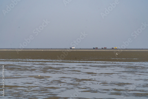Wattenmeer bei Ebbe mit Wattwagen und Wanderern