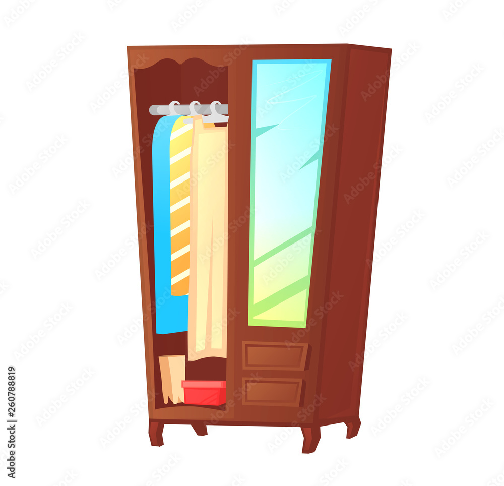 Wood wardrobe with mirror on door. Vector cartoon illustration Stock ...