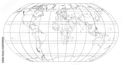 Contour world map in Robinson Projection with meridians and parallels grid. All countries and islands. Vector illustration