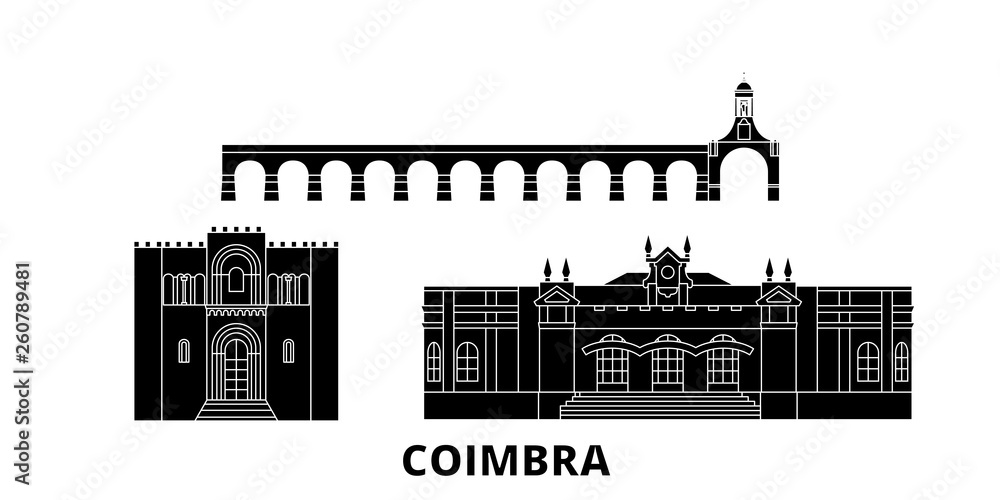 Portugal, Coimbra flat travel skyline set. Portugal, Coimbra black city vector panorama, illustration, travel sights, landmarks, streets.