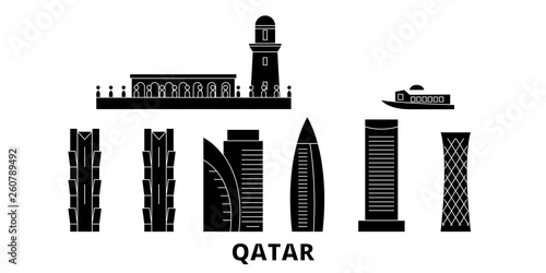 Qatar, Doha flat travel skyline set. Qatar, Doha black city vector panorama, illustration, travel sights, landmarks, streets.