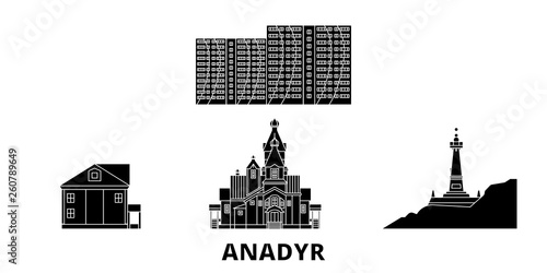 Russia, Anadyr flat travel skyline set. Russia, Anadyr black city vector panorama, illustration, travel sights, landmarks, streets.