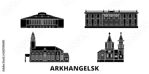 Russia, Arkhangelsk flat travel skyline set. Russia, Arkhangelsk black city vector panorama, illustration, travel sights, landmarks, streets.