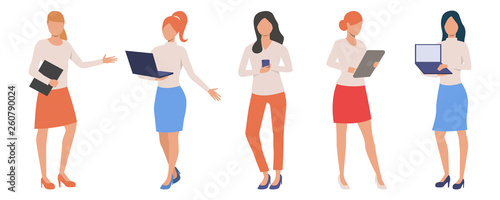 Set of businesswomen holding meetings