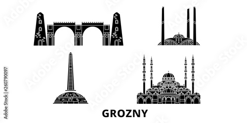 Russia, Grozny flat travel skyline set. Russia, Grozny black city vector panorama, illustration, travel sights, landmarks, streets.