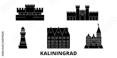 Russia, Kaliningrad City flat travel skyline set. Russia, Kaliningrad City black city vector panorama, illustration, travel sights, landmarks, streets.