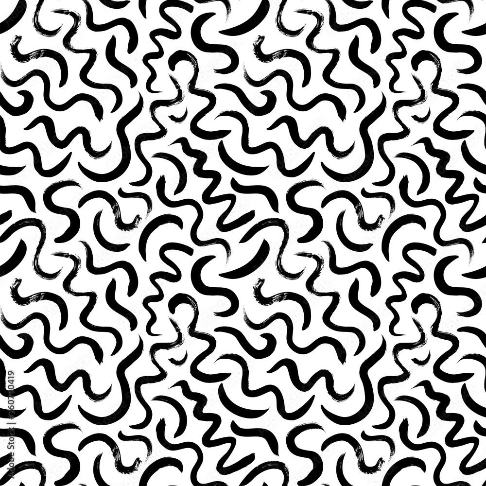 Wavy lines hand drawn seamless vector pattern. Ink brush texture.