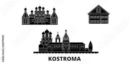 Russia, Kostroma flat travel skyline set. Russia, Kostroma black city vector panorama, illustration, travel sights, landmarks, streets.
