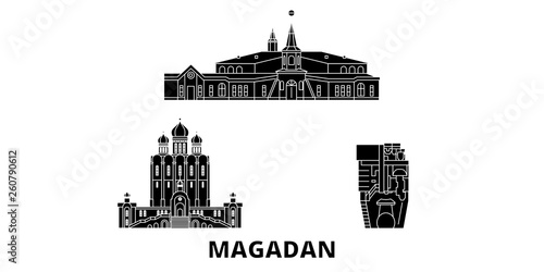 Russia, Magadan flat travel skyline set. Russia, Magadan black city vector panorama, illustration, travel sights, landmarks, streets.