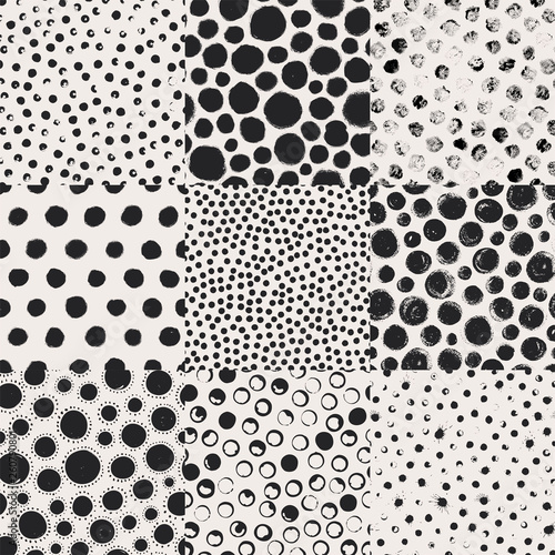 Grunge spots, circles hand drawn vector seamless patterns set. Ornaments for wrapping paper.