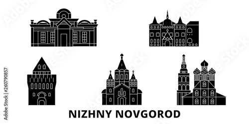 Russia, Nizhny Novgorod flat travel skyline set. Russia, Nizhny Novgorod black city vector panorama, illustration, travel sights, landmarks, streets.