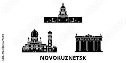 Russia, Novokuznetsk flat travel skyline set. Russia, Novokuznetsk black city vector panorama, illustration, travel sights, landmarks, streets.