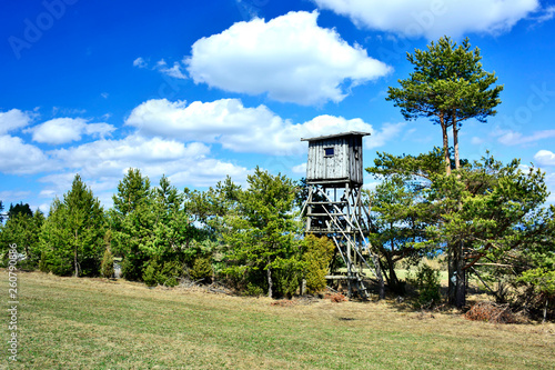 Wooden hunting tower under blue sky widh white clouds photo