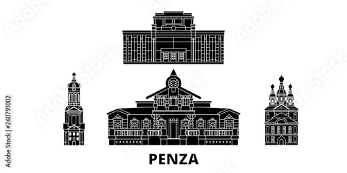 Russia, Penza flat travel skyline set. Russia, Penza black city vector panorama, illustration, travel sights, landmarks, streets.