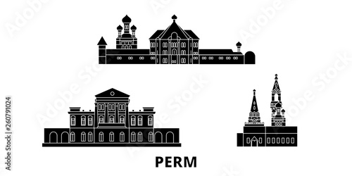 Russia, Perm flat travel skyline set. Russia, Perm black city vector panorama, illustration, travel sights, landmarks, streets.