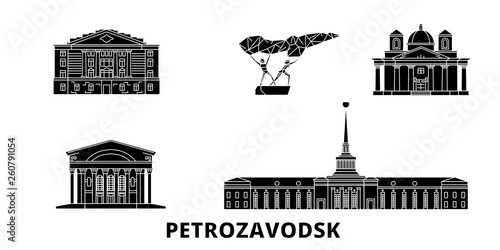 Russia, Petrozavodsk flat travel skyline set. Russia, Petrozavodsk black city vector panorama, illustration, travel sights, landmarks, streets.