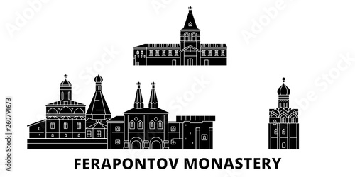 Russia, Vologda, Ferapontov Monastery flat travel skyline set. Russia, Vologda, Ferapontov Monastery black city vector panorama, illustration, travel sights, landmarks, streets.