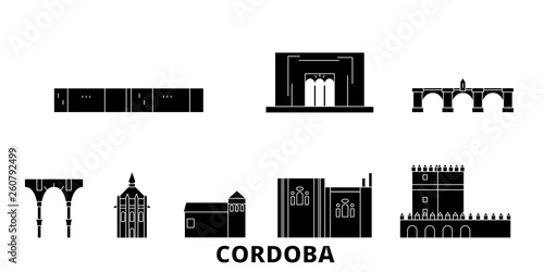 Spain, Cordoba flat travel skyline set. Spain, Cordoba black city vector panorama, illustration, travel sights, landmarks, streets.