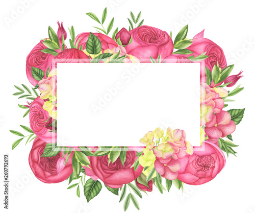 Frame with red roses, hydrangea and leaves, watercolor painting. For design cards, prints and textile.
