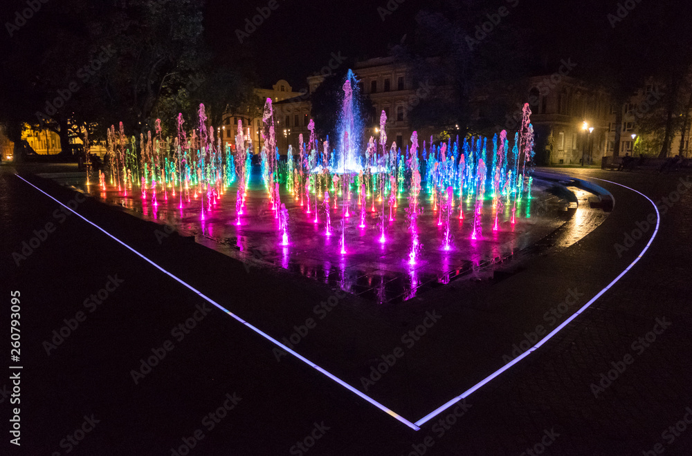Night colorful fountain show Multimedia Lublin Fountain - obrazy, fototapety, plakaty 