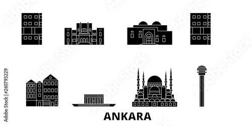Turkey, Ankara flat travel skyline set. Turkey, Ankara black city vector panorama, illustration, travel sights, landmarks, streets.