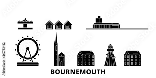 United Kingdom, Bournemouth flat travel skyline set. United Kingdom, Bournemouth black city vector panorama, illustration, travel sights, landmarks, streets.