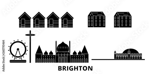 United Kingdom, Brighton flat travel skyline set. United Kingdom, Brighton black city vector panorama, illustration, travel sights, landmarks, streets.