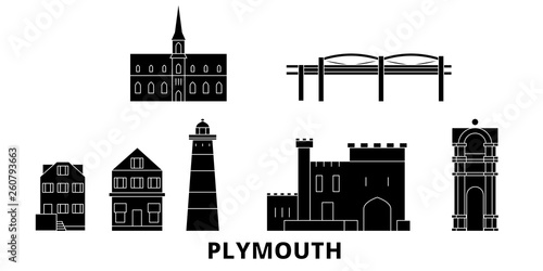 United Kingdom, Plymouth flat travel skyline set. United Kingdom, Plymouth black city vector panorama, illustration, travel sights, landmarks, streets.