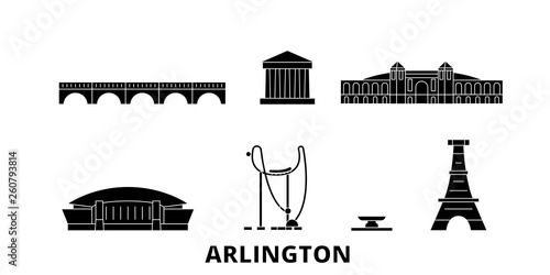 United States, Arlington flat travel skyline set. United States, Arlington black city vector panorama, illustration, travel sights, landmarks, streets.