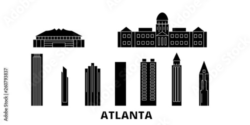 United States, Atlanta flat travel skyline set. United States, Atlanta black city vector panorama, illustration, travel sights, landmarks, streets.