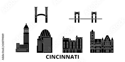 United States, Cincinnati flat travel skyline set. United States, Cincinnati black city vector panorama, illustration, travel sights, landmarks, streets.