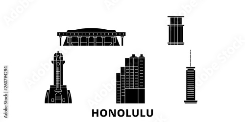 United States, Honolulu flat travel skyline set. United States, Honolulu black city vector panorama, illustration, travel sights, landmarks, streets.
