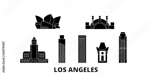 United States, Los Angeles flat travel skyline set. United States, Los Angeles black city vector panorama, illustration, travel sights, landmarks, streets.