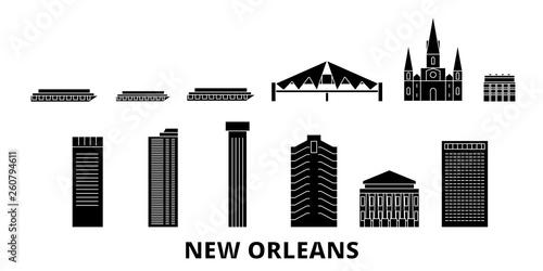 United States, New Orleans flat travel skyline set. United States, New Orleans black city vector panorama, illustration, travel sights, landmarks, streets.