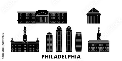United States, Philadelphia flat travel skyline set. United States, Philadelphia black city vector panorama, illustration, travel sights, landmarks, streets.