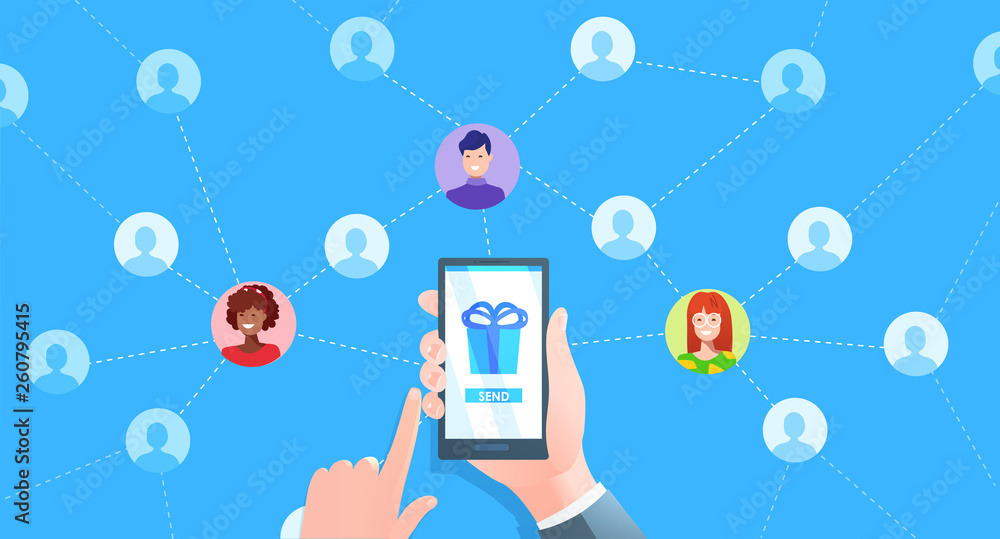 Referral marketing banner. Hand with phone and users avatat. Vector cartoon illustration Referral marketing banner. Hand with phone and users avatat. Vector cartoon illustration