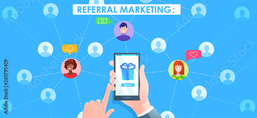 Referral marketing banner. Hand with phone and users avatat. Vector cartoon illustration 