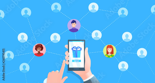Referral marketing banner. Hand with phone and users avatat. Vector cartoon illustration 