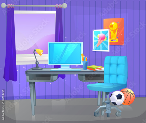Teenager boy room interior design. Workplace with desk and pc computer, shelves and toys and book. Vector cartoon illustration