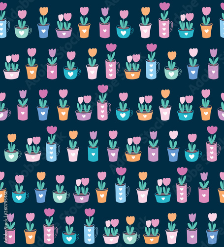 Simple seamless pattern with spring flowers in flowerpots for textile, wallpapers, gift wrap and scrapbook. Vector illustration. Dark background. Vector.
