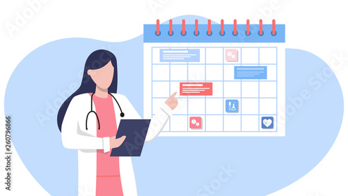 Friendly female doctor near the calendar. work schedule, make an appointment online. Vector illustration for banner, landing page