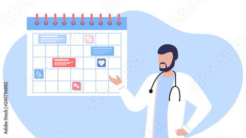 Friendly male doctor near the calendar. work schedule, make an appointment online. Vector illustration for banner, landing page photo