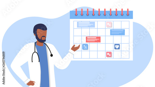 Friendly male afro american doctor near the calendar. work schedule, make an appointment online. Vector illustration for banner, landing page