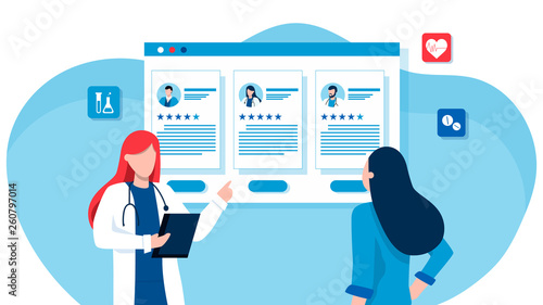 Young woman talking with female doctor. Planning for pregnancy, treatment of diseases, maintaining health. Vector illustration with bright characters. For sites, catalogs and presentations.