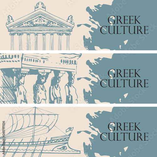 Set of three vector travel banners on the theme of Ancient Greece with pencil drawings in retro style. Greek culture.