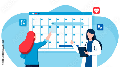 A woman makes an appointment with an online female doctor. On the calendar selects the desired date. calendar. work schedule, make an appointment online. Vector illustration for banner, landing page